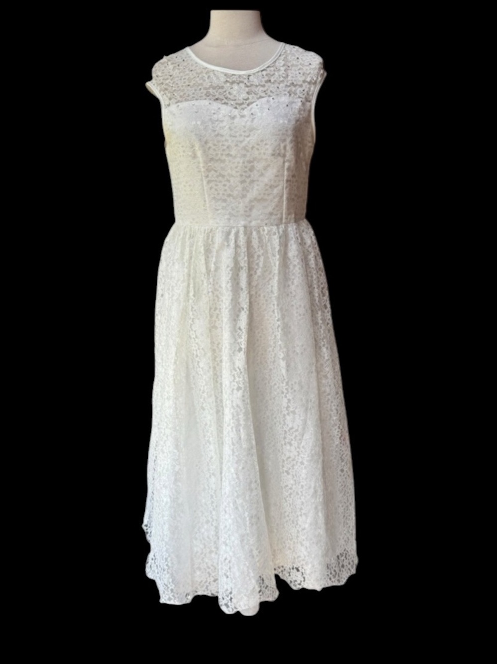 1960s All Over Lace Overlay w/Rhinestone Embellishments At Neckline Formal Dress